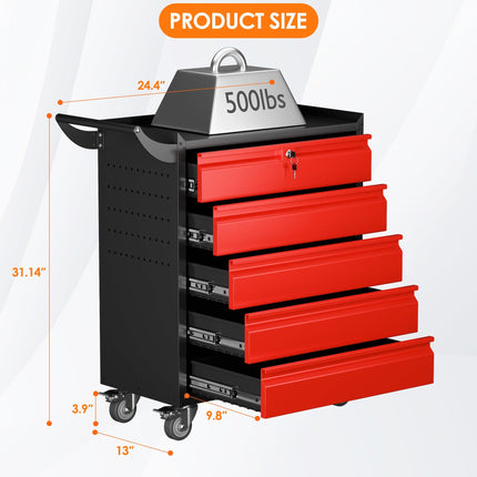 Metal Rolling Tool Box With 5 Drawers And Lock Tool Storage Cabinet