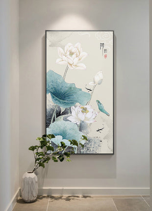 Pintura al óleo sobre lienzo de hoja de loto y flor de ciruelo