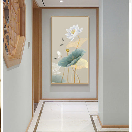 Pintura al óleo sobre lienzo de hoja de loto y flor de ciruelo