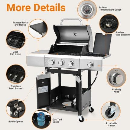 Propane Grill 3 Burner Barbecue Grill Stainless Steel Gas Grill