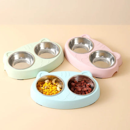 Macaron Pet Double Bowl Plastic Kitten Dog Food Drinking