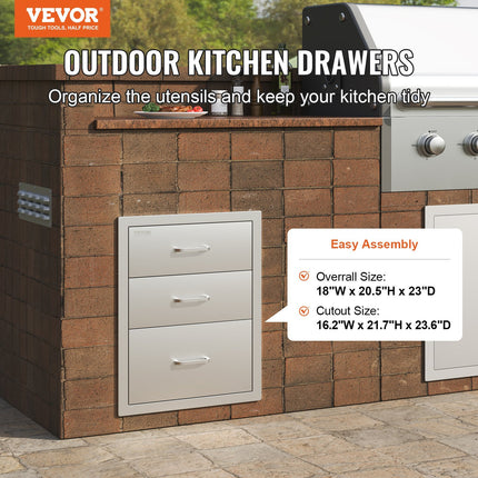 VEVOR 18x20.5 Inch Outdoor Kitchen Stainless Steel Triple Access BBQ Drawers