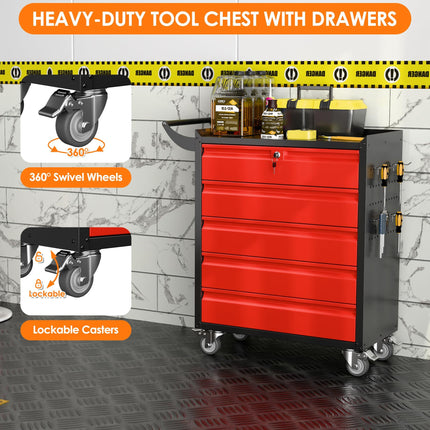 Metal Rolling Tool Box With 5 Drawers And Lock Tool Storage Cabinet