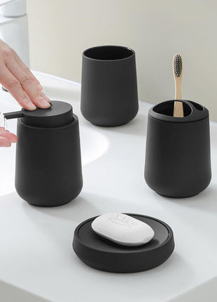 Juego de accesorios de baño negro mate con dispensador de jabón de plástico