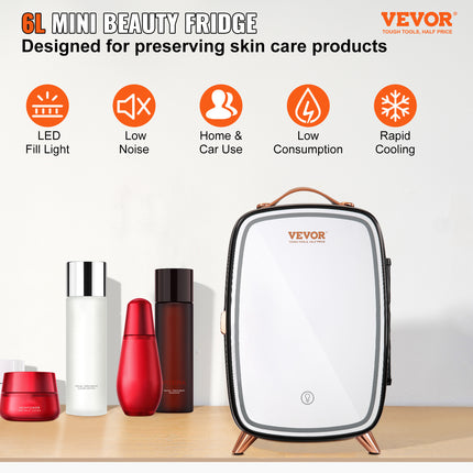 Mini refrigerador Vevor de 6 litros para el cuidado de la piel con luz LED y espejo HD