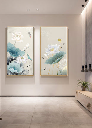 Pintura al óleo sobre lienzo de hoja de loto y flor de ciruelo