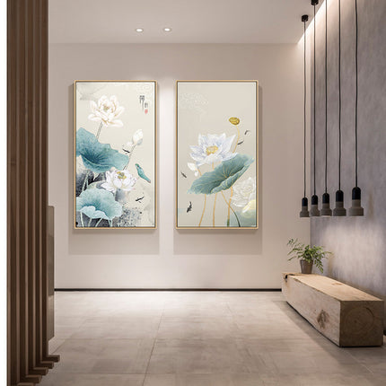 Pintura al óleo sobre lienzo de hoja de loto y flor de ciruelo