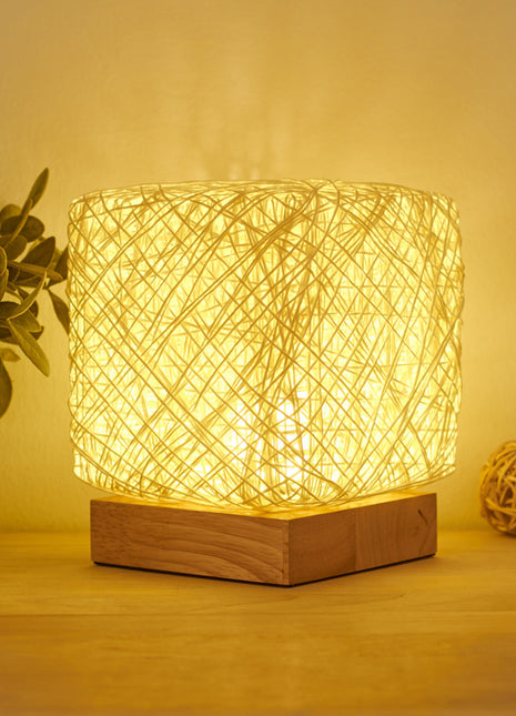Lámparas de escritorio LED cuadradas regulables tejidas a mano de madera y ratán